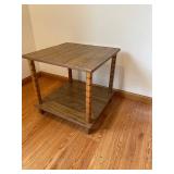 Oak Wood End Table - 19-Inch Square Top, Two Shelves, Turned Spindle Legs