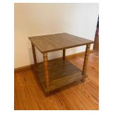 Oak Wood End Table - 19-Inch Square Top, Two Shelves, Turned Spindle Legs