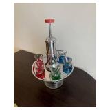 Vintage Chrome Beverage Dispenser With Pump And 8 Color Glass Shot Glasses