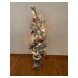 Tabletop Frosted Christmas Tree - Lights & Red Ornaments on Pedestal 4' tall