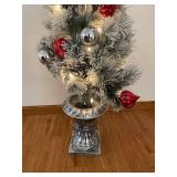 Tabletop Frosted Christmas Tree - Lights & Red Ornaments on Pedestal 4' tall