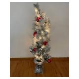 Tabletop Frosted Christmas Tree - Lights & Red Ornaments on Pedestal 4' tall