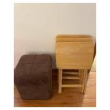 Nest of Tables & Ottoman - Light Wood Tables, Brown Fabric Ottoman