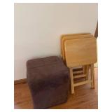 Nest of Tables & Ottoman - Light Wood Tables, Brown Fabric Ottoman