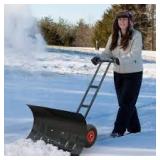 EAGLE PEAK 43.9 in. Double-Rod Metal Handle Rolling Snow Pusher Shovel with Steel Blade, Snow Shovel Pusher Plow with Wheels