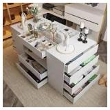 FUFU&GAGA White 14-Drawers 63 in. Width Bedroom Dresser Makeup Island with Glass Top