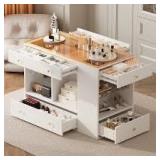 6-Drawer Closet Island with Glass Display Top & Open Shelves, Jewelry Vanity Storage Organizer Center for Walk-in Wardrobe, White