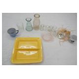 Vintage Glassware. glass milk bottle, mini milk bottles, ceramic divided plate, pink frosted glass dish