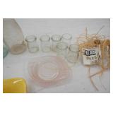 Vintage Glassware. glass milk bottle, mini milk bottles, ceramic divided plate, pink frosted glass dish