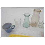 Vintage Glassware. glass milk bottle, mini milk bottles, ceramic divided plate, pink frosted glass dish