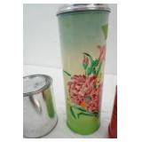 Vintage Thermos (1940s-1960s) "FreezinHot" brand (no insert); tin cans, flask, Vintage Olympics Lunchbox Thermos