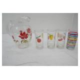 Vintage Glassware Lot: MCM Lemonade Pitcher w/Ice Lip. Red Floral, 5ct vintage glasses, 3 rainbow stripe, 3 fruit