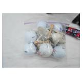 Storage Basket with Golf Balls, Small Garden Scoop, Floral Pattern Utility Knife, Fishing Reel and more