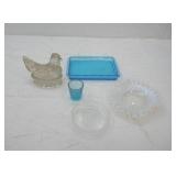 Vintage Glassware: Hen on Nest, Fenton Opalescent Hobnail Glass Candy Dish and other glass pieces