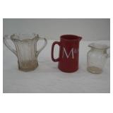 Vintage Pressed Glass Double-Handled Celery Vase; Vintage Clear Glass Rimmed Creamer; Vintage-Style Ceramic Milk Pitcher