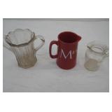 Vintage Pressed Glass Double-Handled Celery Vase; Vintage Clear Glass Rimmed Creamer; Vintage-Style Ceramic Milk Pitcher