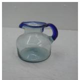 Mexican Hand Blown Glass pitcher  with cobalt blue Rim and Handle, 6" tall