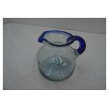 Mexican Hand Blown Glass pitcher  with cobalt blue Rim and Handle, 6" tall