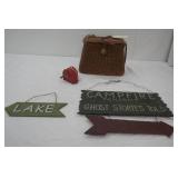 Campfire sign , lake sign , retractable clothesline, Straw basket / purse