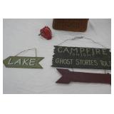 Campfire sign , lake sign , retractable clothesline, Straw basket / purse