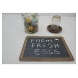 Egg ? Chicken Decor , glass jar (rim is Broken) with eggs, slate egg sign , feeder