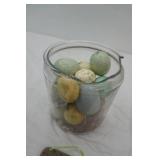 Egg ? Chicken Decor , glass jar (rim is Broken) with eggs, slate egg sign , feeder