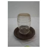 Egg ? Chicken Decor , glass jar (rim is Broken) with eggs, slate egg sign , feeder