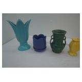 Vintage Turquoise Blue Tulip Vase; Vintage USA Robinson Ransbottom Pottery? Matte Green Speckled art deco vase