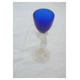 Vintage Cambridge Glass Co #3011 "Statuesque" nude stem cordial glass. Cobalt Blue & frosted glass 6" tall (produced between 1931-1958)