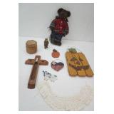 Vintage Collectibles Lot. Teddy Bear, Covered Container made of Bark, Wooden Cross, Doily