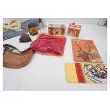 Vintage Western Collectibles. Tin Log Cabin Syrup Collectible, Vintage Native American Souvenir Toy Drum, Western Tooled Leather Shoulder Bag