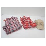 Gap Body Size L Red Flannel Pajama Pants, Billabong Size L Button Up Long Sleeve Shirt, Tan Hat