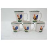 Vintage Alco Industries Rooster Mugs 12oz. "On the Farm" Stoneware w/green sponge band