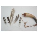 Vintage Powder Horn & Turkey Feathers