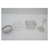 Vintage Glassware Lot: covered dishes (1 Pyrex refrigerator, 1 Federal Glass Co?), silver dish, candle holder