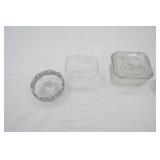 Vintage Glassware Lot: covered dishes (1 Pyrex refrigerator, 1 Federal Glass Co?), silver dish, candle holder