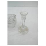 Vintage Glassware Lot: covered dishes (1 Pyrex refrigerator, 1 Federal Glass Co?), silver dish, candle holder