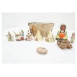 Vintage Native American Souvenir Collectible Pieces. ceramic/porcelain, rock, leather booties, galvanized and birch covered bucket