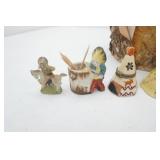 Vintage Native American Souvenir Collectible Pieces. ceramic/porcelain, rock, leather booties, galvanized and birch covered bucket