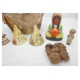 Vintage Native American Souvenir Collectible Pieces. ceramic/porcelain, rock, leather booties, galvanized and birch covered bucket