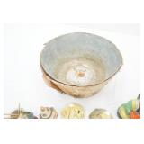 Vintage Native American Souvenir Collectible Pieces. ceramic/porcelain, rock, leather booties, galvanized and birch covered bucket