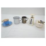 Vintage Collectibles: enamel coffee cup, teacup and saucer, silverplate baby cup, food scale