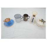 Vintage Collectibles: enamel coffee cup, teacup and saucer, silverplate baby cup, food scale
