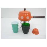 Vintage Teal Milk Glass Tumbler, Green Pressed Glass Votive, Vintage Orange Bell, Vintage Fondue Pot and Stand