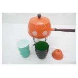 Vintage Teal Milk Glass Tumbler, Green Pressed Glass Votive, Vintage Orange Bell, Vintage Fondue Pot and Stand