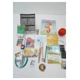 Organizing Box, Pencils, US Marine Corp Magnet, Lucky Strike Magnet, Vintage Books, Golf Balls, Small Shoe Horn