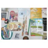 Organizing Box, Pencils, US Marine Corp Magnet, Lucky Strike Magnet, Vintage Books, Golf Balls, Small Shoe Horn
