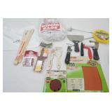 Paint Supply Lot: wiping rags, frog tape, stir sticks, brushes, putty knives, sandpaper, rollers