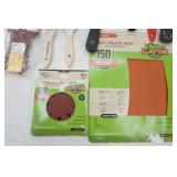 Paint Supply Lot: wiping rags, frog tape, stir sticks, brushes, putty knives, sandpaper, rollers