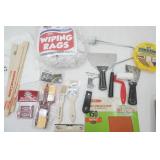 Paint Supply Lot: wiping rags, frog tape, stir sticks, brushes, putty knives, sandpaper, rollers